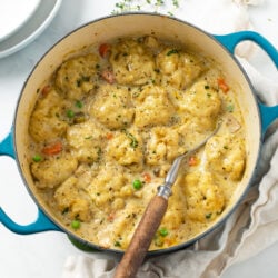 Chicken and Dumplings in a Dutch oven with a spoon on the side.
