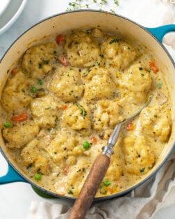 Chicken and Dumplings in a Dutch oven with a spoon on the side.