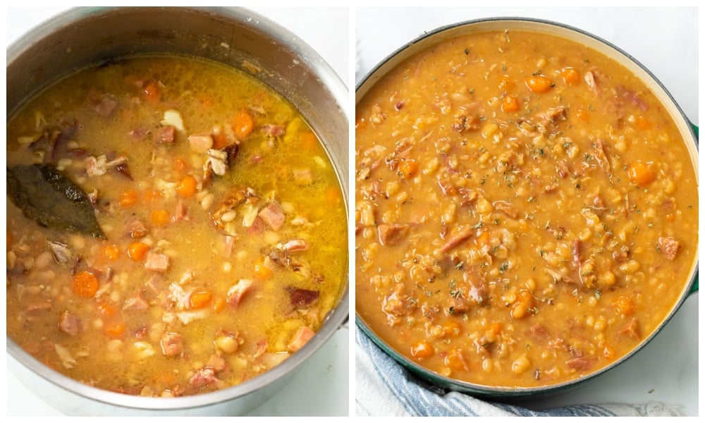 A soup pot filed with Ham and Bean Soup when it's almost done and when it's done.