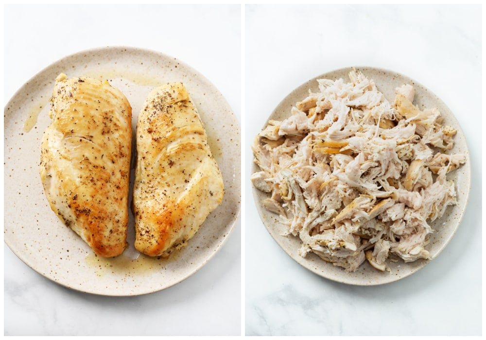 Seared chicken on a plate next to a plate of shredded chicken.
