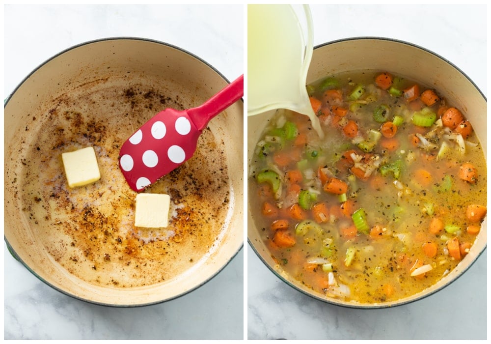 Butter and fond in a soup pot next to a pot of chicken broth being added to mixed vegetables.