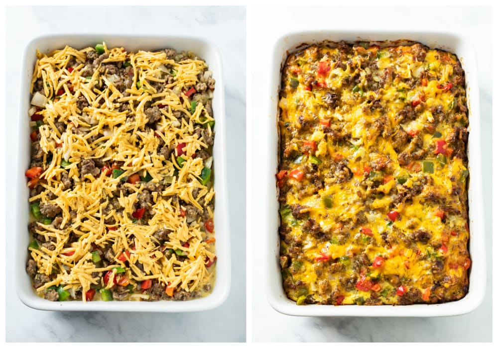 Hashbrown Breakfast Casserole before and after baking.