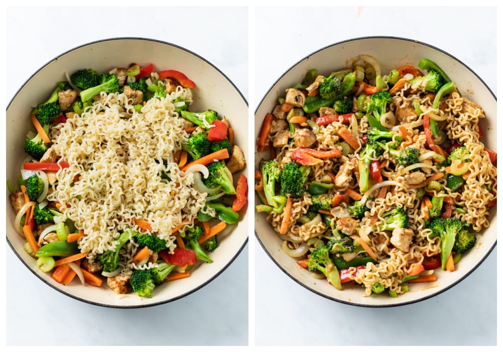 A skillet with sauteed vegetables topped with Ramen Noodles before and after being mixed together.