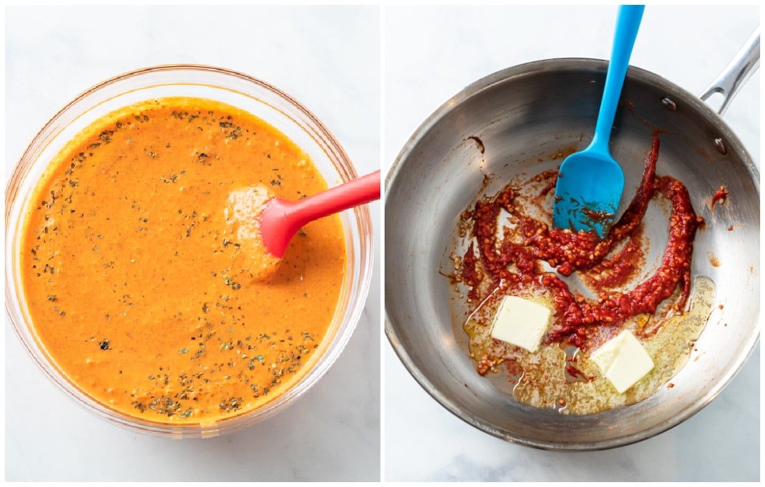 A bowl of roasted red pepper sauce next to a skillet with melted butter and tomato paste.