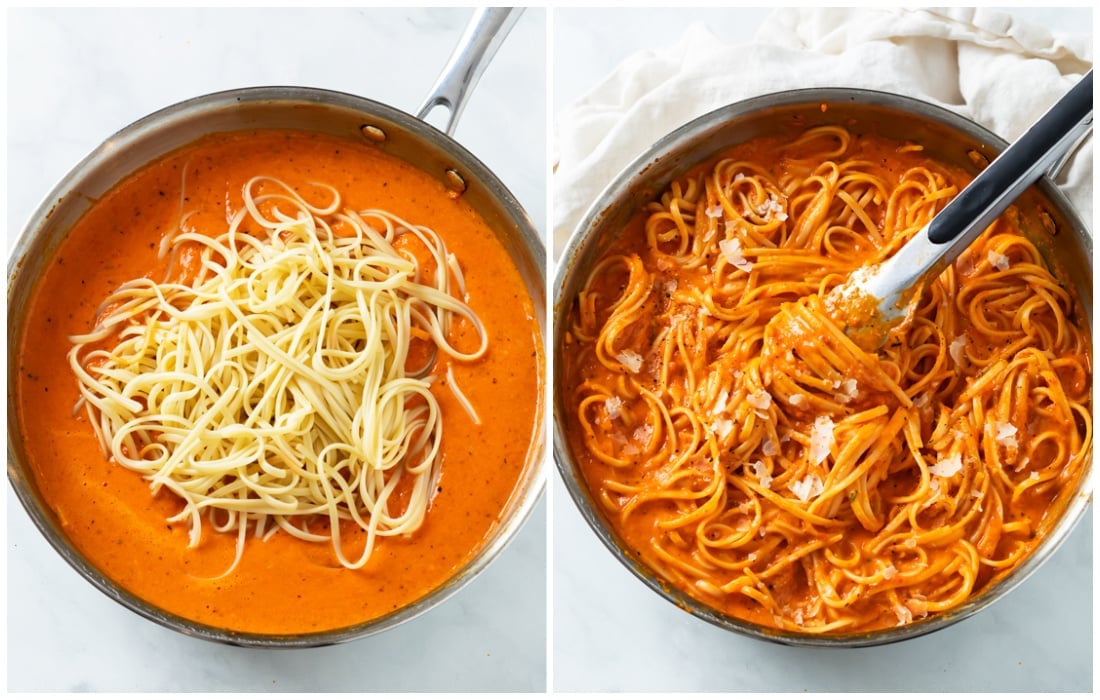 Adding linguine to a skillet of roasted red pepper sauce and stirring to combine.