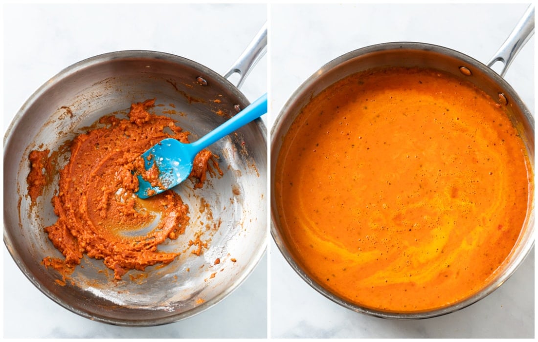 A tomato based roux next to a skillet of roasted red pepper sauce.