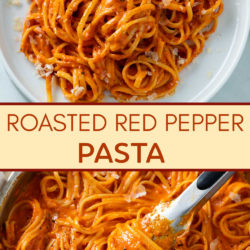 A collage of Roasted Red Pepper Pasta on a plate and in a skillet.