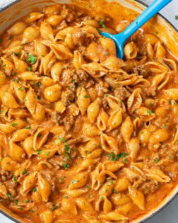 A skillet with Creamy Beef and Shells