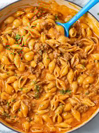 A skillet with Creamy Beef and Shells