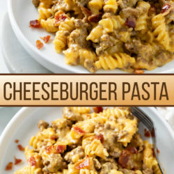 A collage of Cheeseburger Pasta on a white plate with beef and bacon.