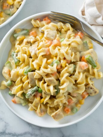 A white plate with creamy chicken and noodles with vegetables and a fork on the side.