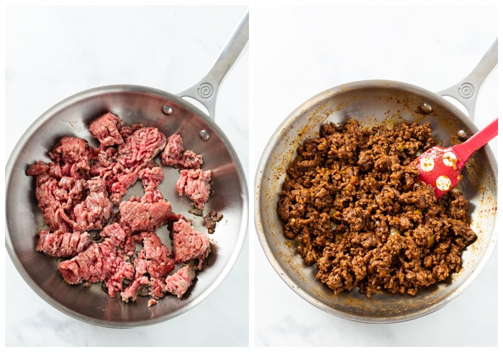 Ground beef in a skillet before and after being cooked.