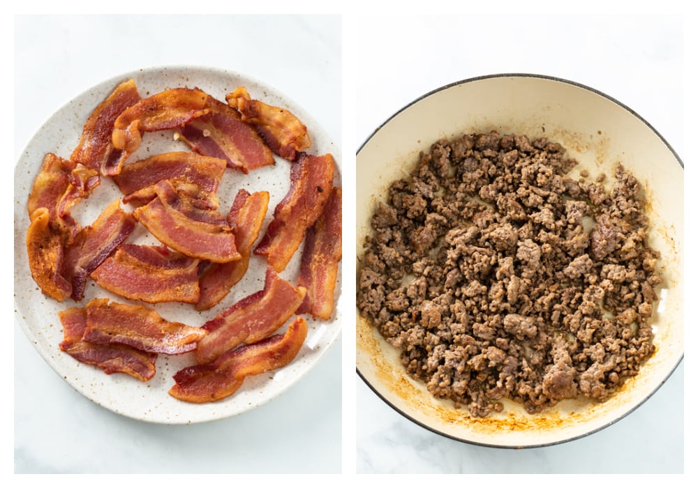 Crispy bacon on a plate next to a skillet of cooked ground beef.