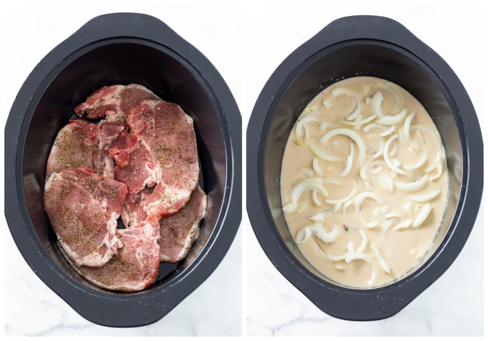 Uncooked pork chops in a crock pot being topped with gravy and onion slices.