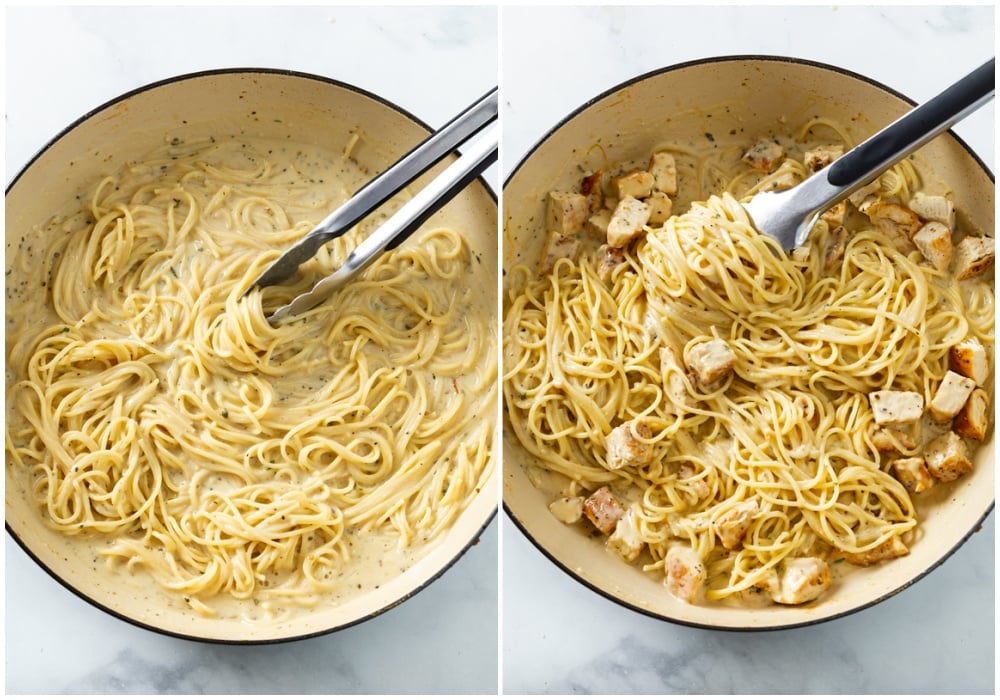 Adding spaghetti and chicken to pasta and a lemon cream sauce.