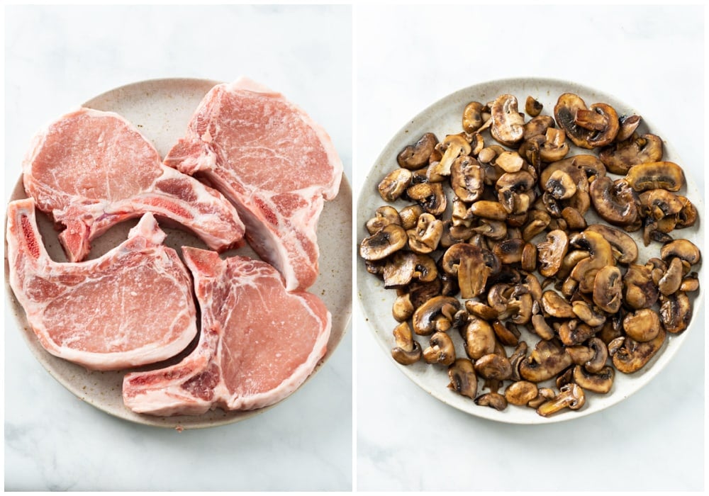 Uncooked Bone-in Pork Chops next to cooked mushrooms.