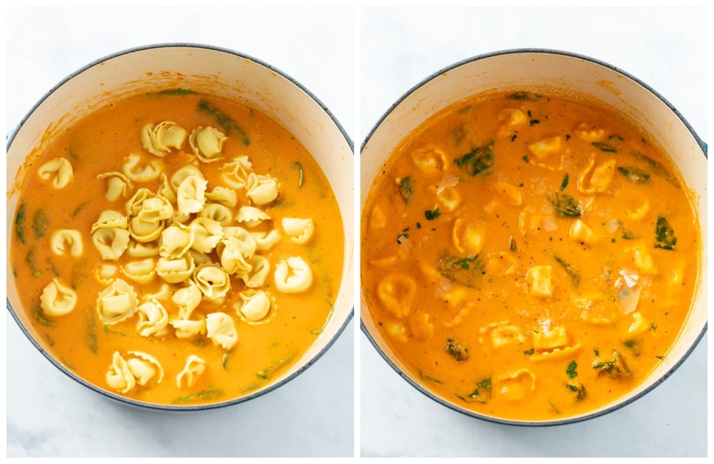 Adding tortellini to a soup pot to make Tomato Tortellini Soup.