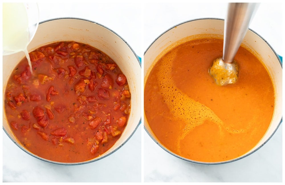 Adding diced tomatoes and chicken broth and blending to make creamy tomato soup.