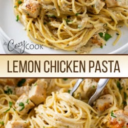 A collage of Lemon Chicken Pasta on a plate and in a skillet.