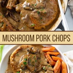 A collage of mushroom pork chops in a skillet and on a plate.