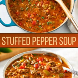 A collage of Stuffed Pepper Soup in a soup pot and in a serving bowl.