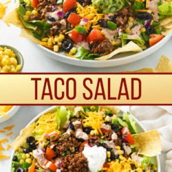 A collage of Taco Salad with seasoned ground beef and cheese.