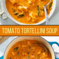 A collage of Tomato Tortellini Soup in a bowl and in a Dutch oven.