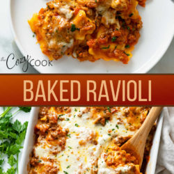 A collage of Baked Ravioli on a plate and in a casserole dish.