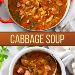 A collage of Cabbage Soup in a soup pot and in a white crock.