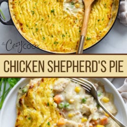 A collage of Chicken Shepherd's Pie in a skillet and on a plate.