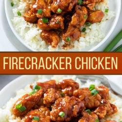 A collage of Firecracker Chicken on a bed of white rice.
