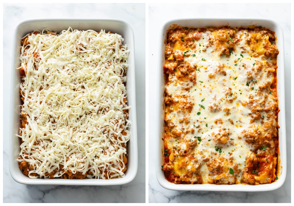 Baked ravioli in a casserole dish before and after baking.