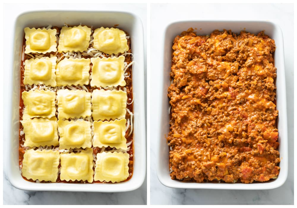 A casserole dish with layers of ravioli, meat sauce, and cheese.