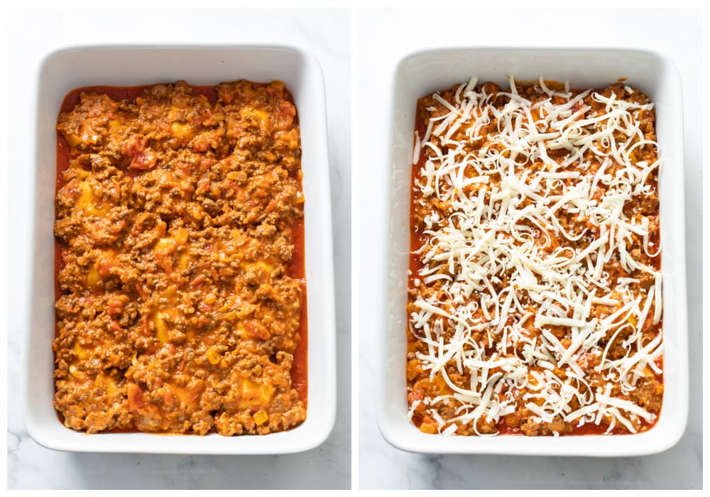 A casserole dish with meat sauce and cheese for bake ravioli.