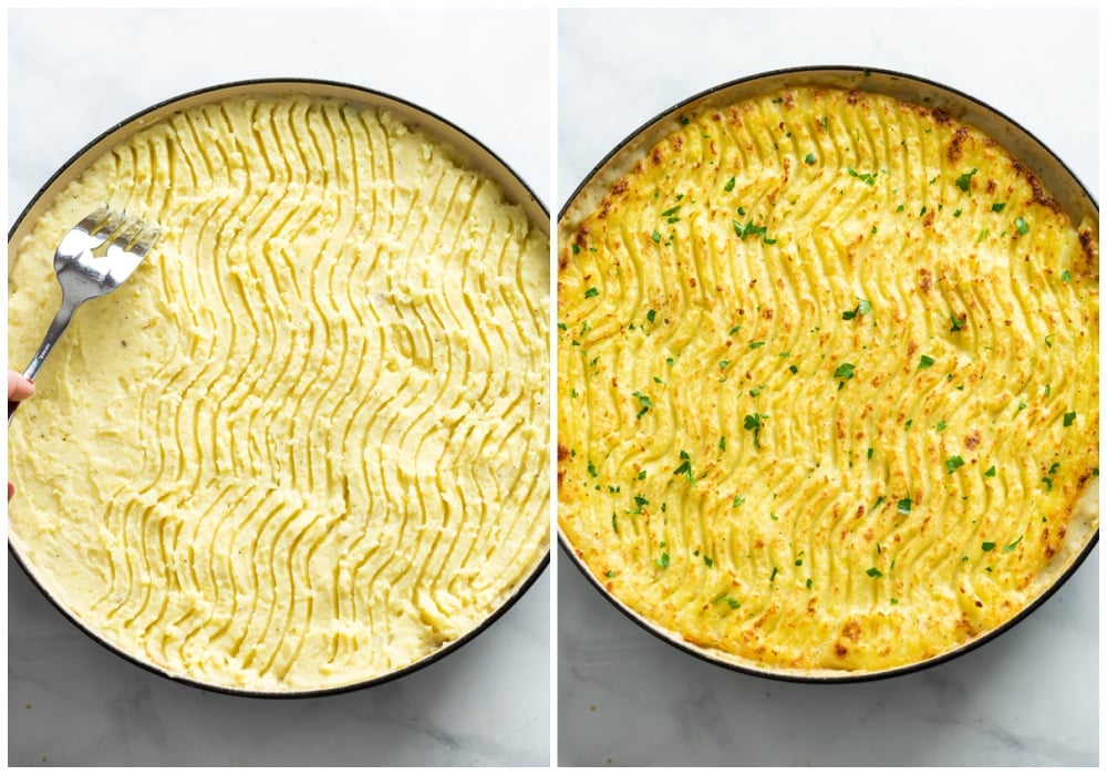 Chicken Shepherds Pie before and after baking and broiling.