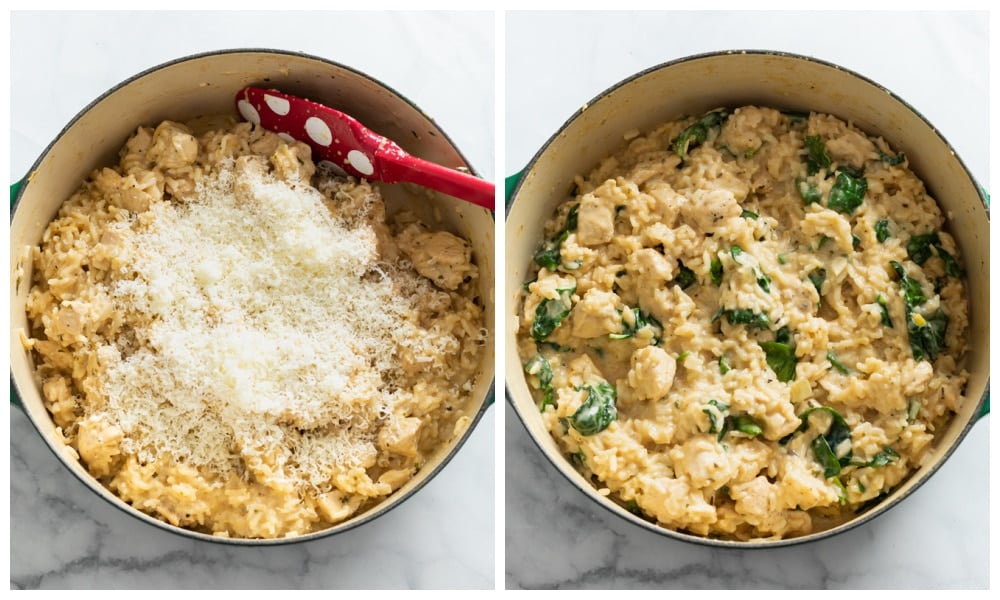 Adding Parmesan cheese and spinach to a pot of chicken and rice.
