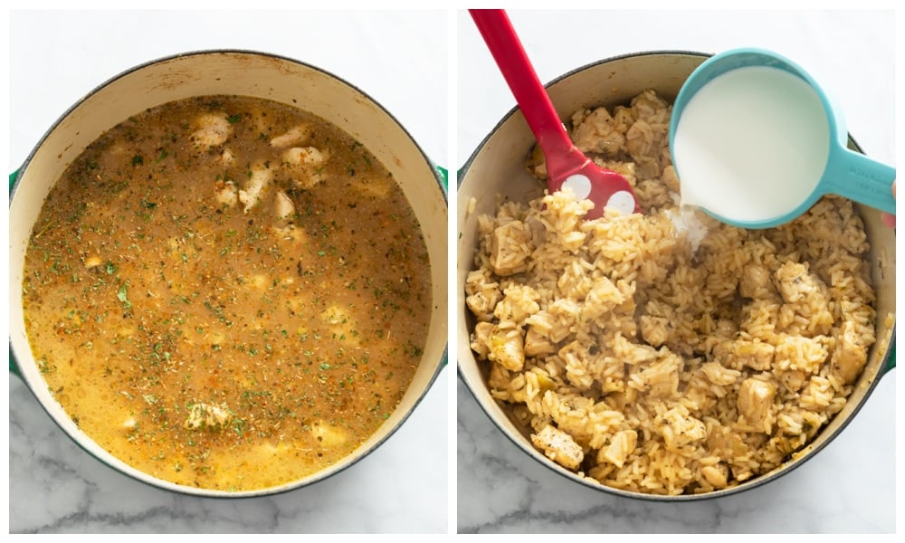 A pot with chicken broth and rice before and after being cooked with half and half being added.