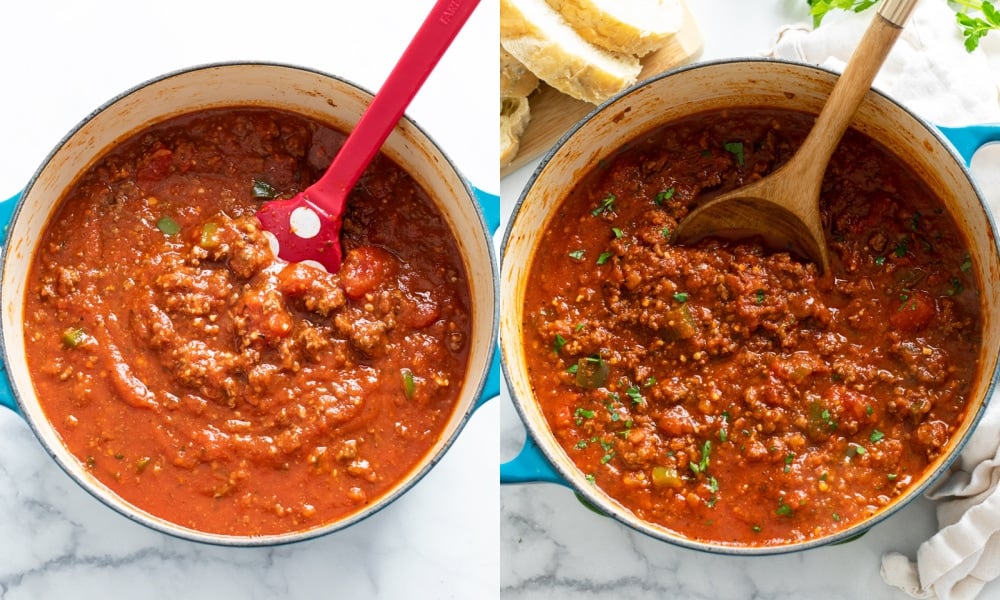 Meat sauce in a pot before and after simmering.