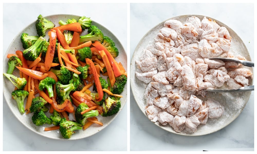 A plate of stir-fried vegetables next to a plate of cornstarch chicken.