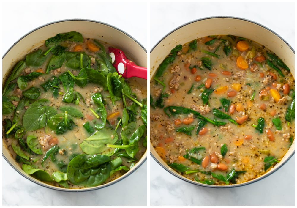 Add sausage and spinach to Pinto Bean Soup and stirring to combine.