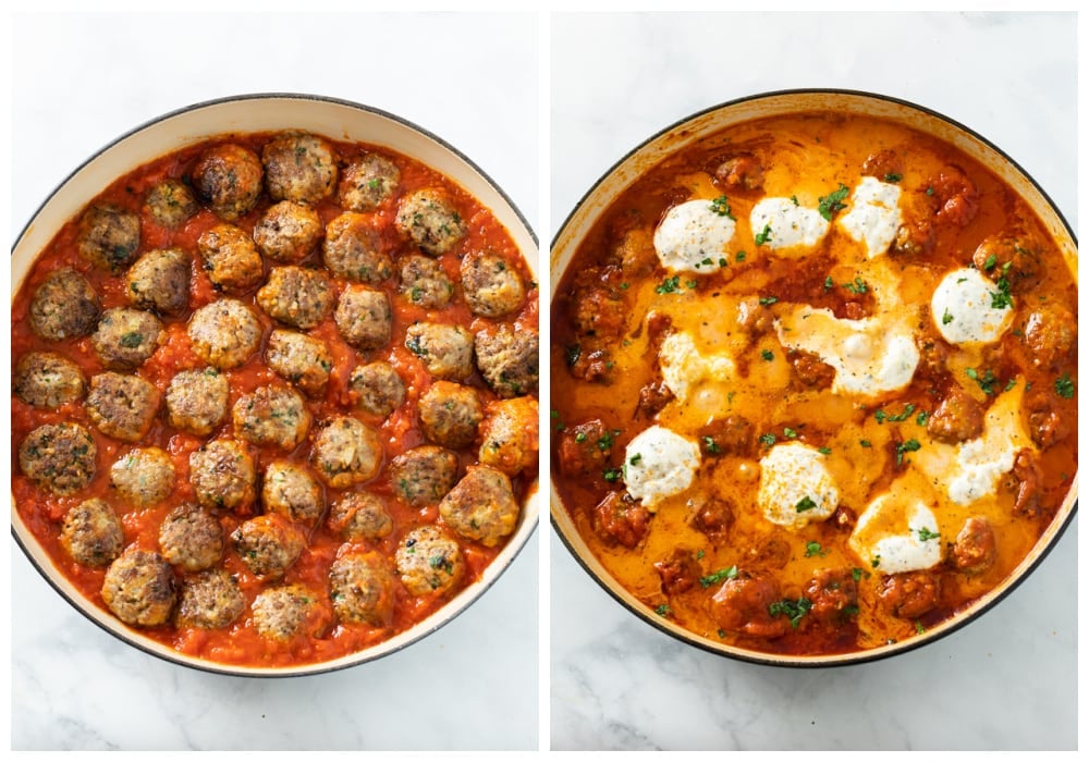 Adding ricotta meatballs to a skillet or marinara sauce with melted ricotta on top.