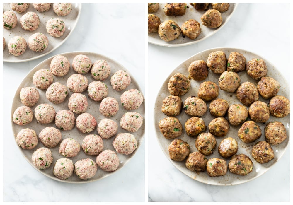 Ricotta meatballs before and after browning.