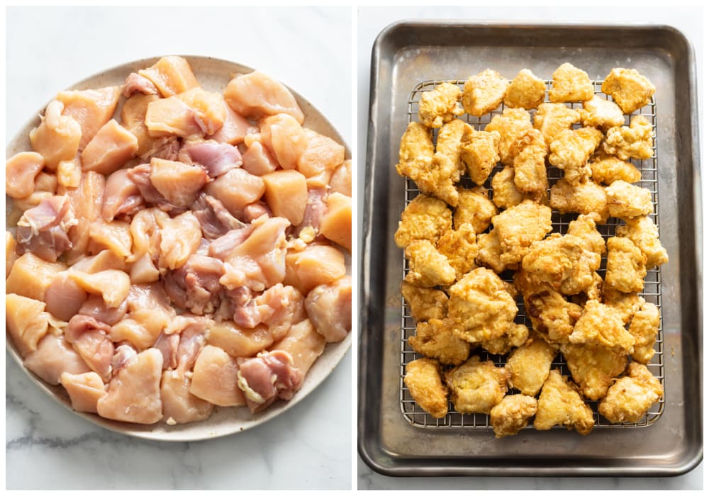Chicken before and after being fried for Sweet and Sour Chicken.