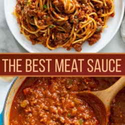 A collage of Meat Sauce on a white plate and in a pot with a wooden spoon.