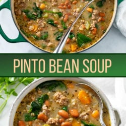 A collage of Pinto Bean Soup in a soup pot and in a bowl.