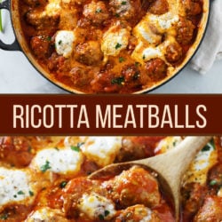 A collage of Ricotta Meatballs in a skillet with a wooden spoon.