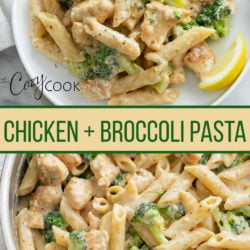 A collage with Chicken and Broccoli Pasta in a pot and on a plate.