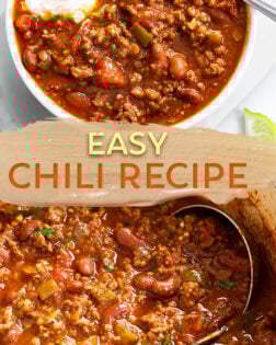 A collage of Chili in a bowl and in a pot with a ladle on the side.