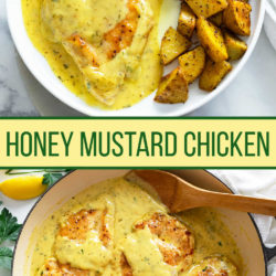 A collage of Honey Mustard Chicken on a plate and in a skillet.