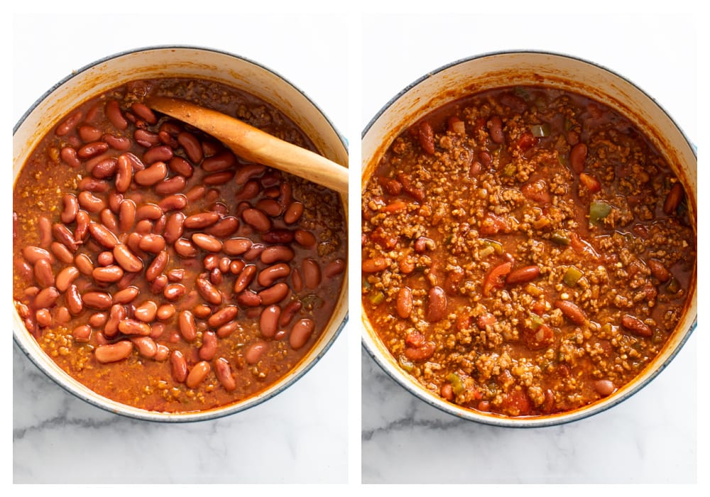 Adding kidney beans to a pot of chili.